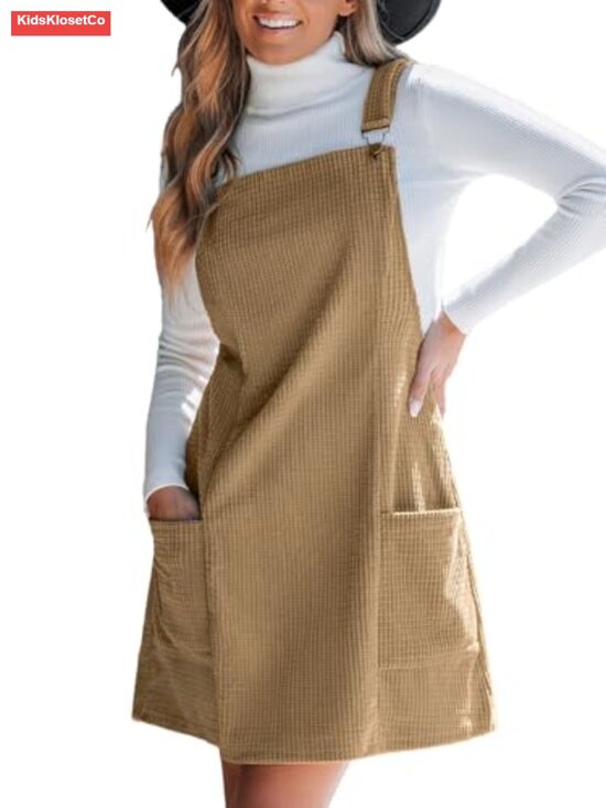 Dresses & Skirts - Women Corduroy Overall Dress Square Neck A Line Mini Pinafore with Pockets